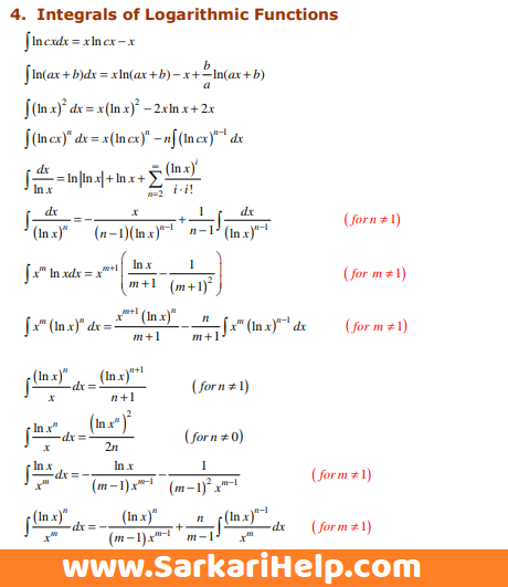 integrals of logarithmic functions formulas